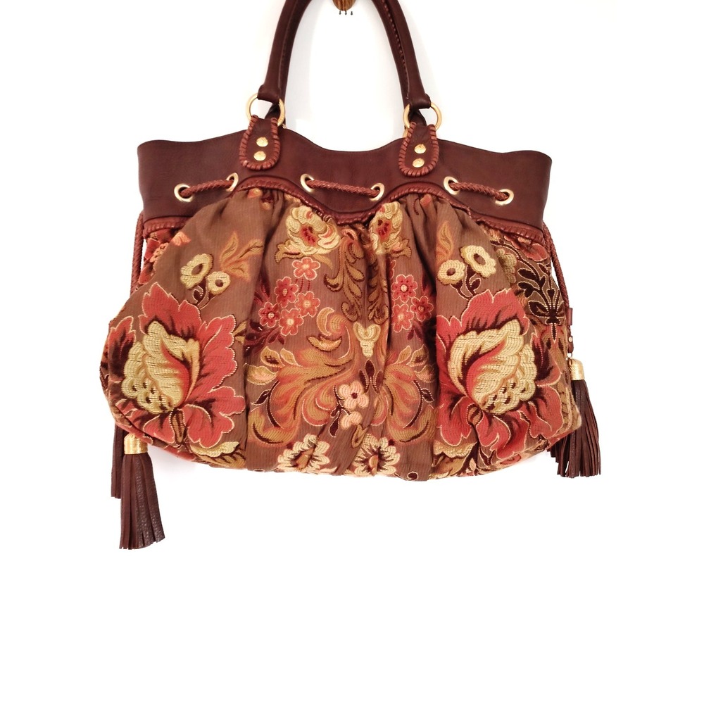 Isabella Fiore Floral Tapestry Satchel Handbag Brown Leather Trim Boho VTG Purse - Picture 7 of 16